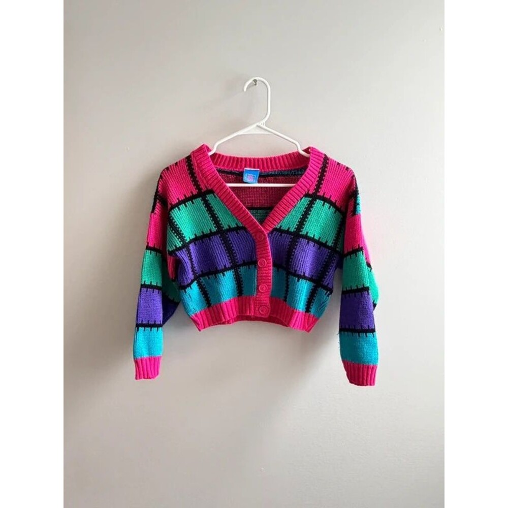 Vintage 90s New Moves Neon Colorblock Cropped Knit Cardigan USA Made, Retro